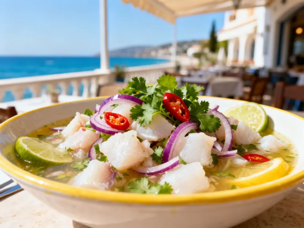Miska świeżego peruwiańskiego ceviche z marynowaną rybą, czerwoną cebulą i kolendrą na słonecznym tarasie.
