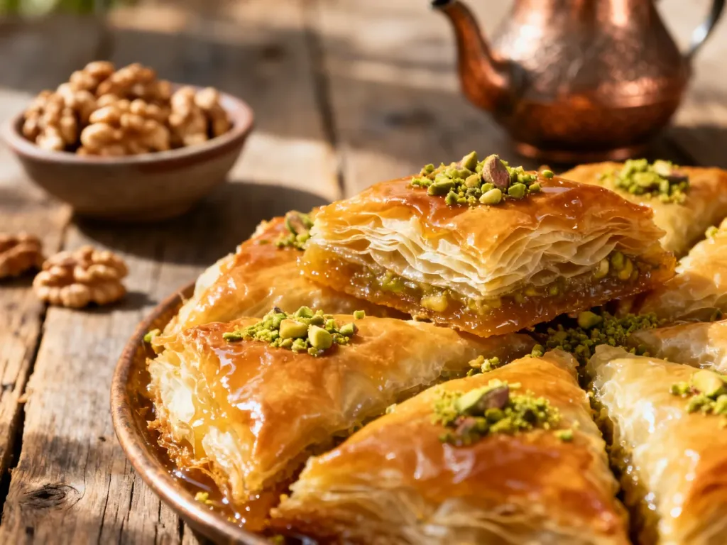 Złocista baklawa z warstwami ciasta filo, miodem i posiekanymi pistacjami na rustykalnym stole.