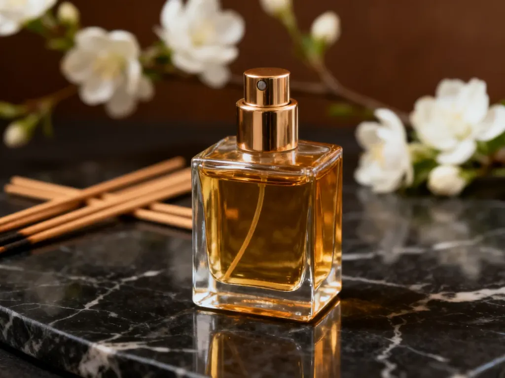 Elegancki flakon perfum ze złotym płynem na marmurowym blacie, otoczony białymi kwiatami i kadzidełkami.
