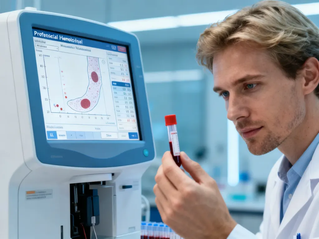 Pracownik laboratorium analizuje próbkę krwi na ekranie nowoczesnego urządzenia hematologicznego.